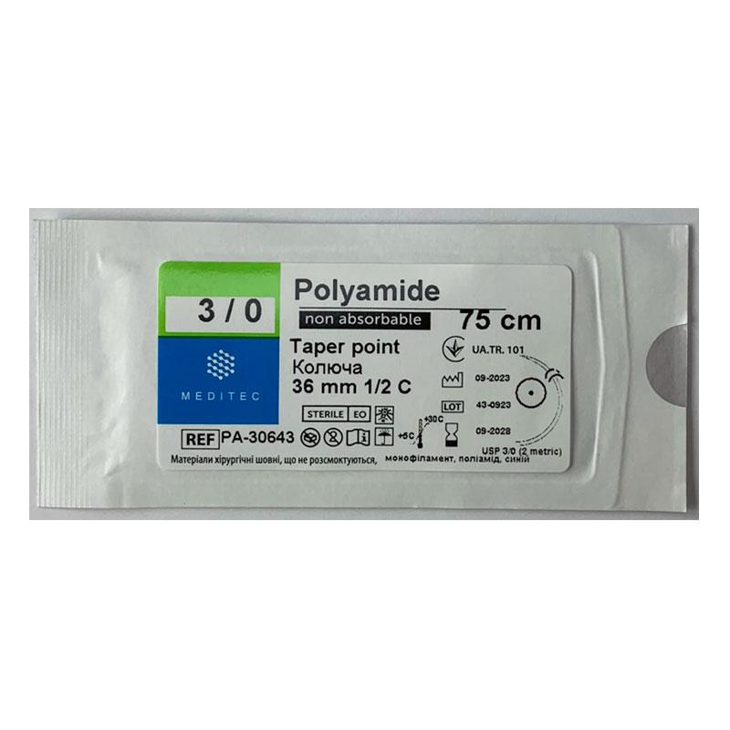 USP 3/0, монофіламентний, 1/2 кола, довжиною 36 мм Meditec® РА-30643